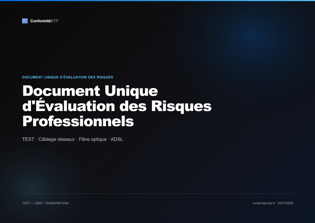 Exemple de page de couverture d'un DUERP généré pour une entreprise BTP